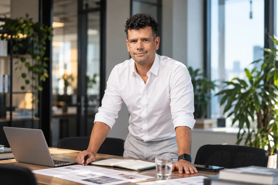 Tomáš Kleňha, poradce pro majitele a vedení firem, u pracovního stolu s podklady a notebookem